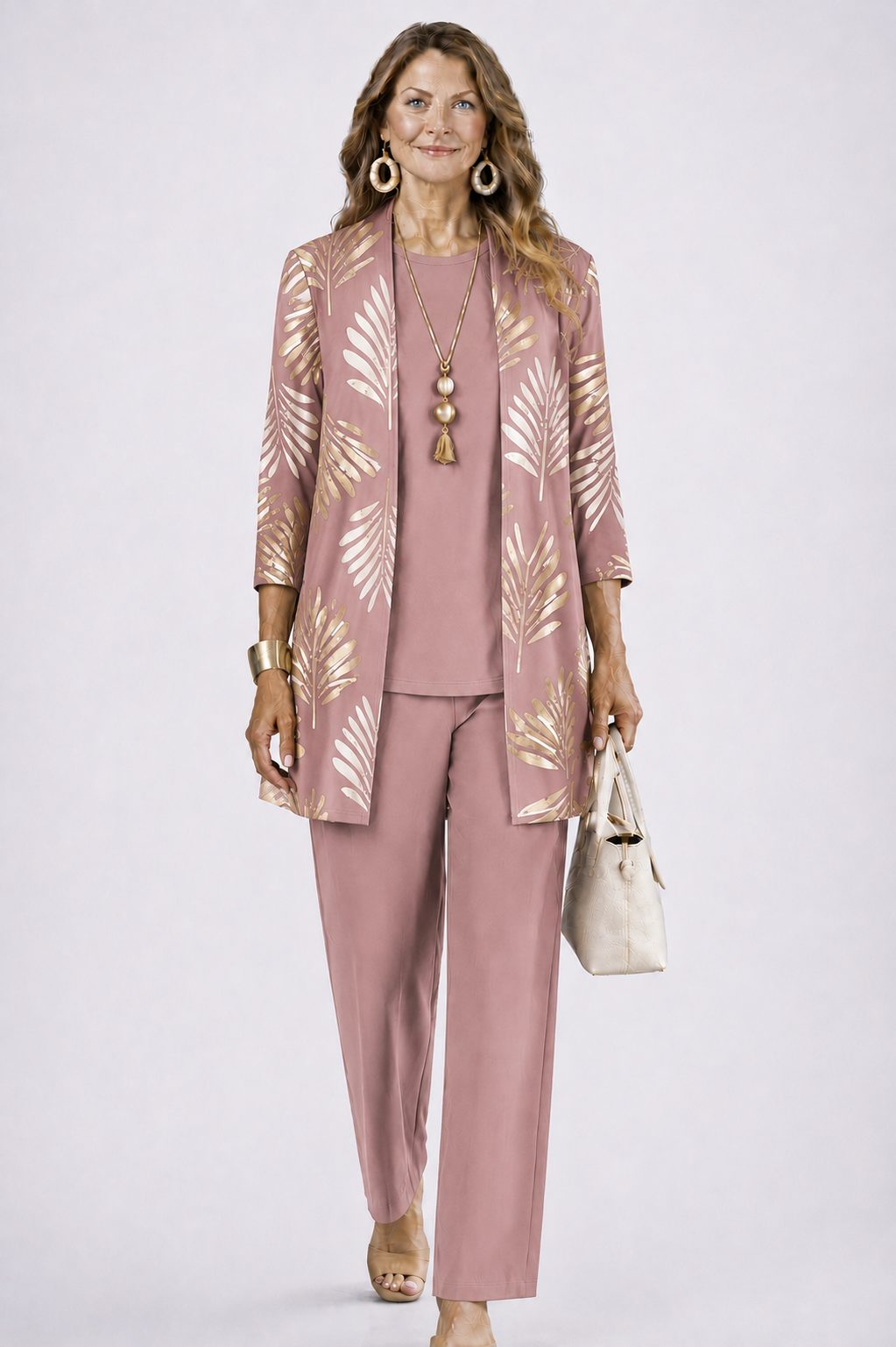 Long Cardigan with Floral Print and Wide Leg Trousers Set for Women - View 14