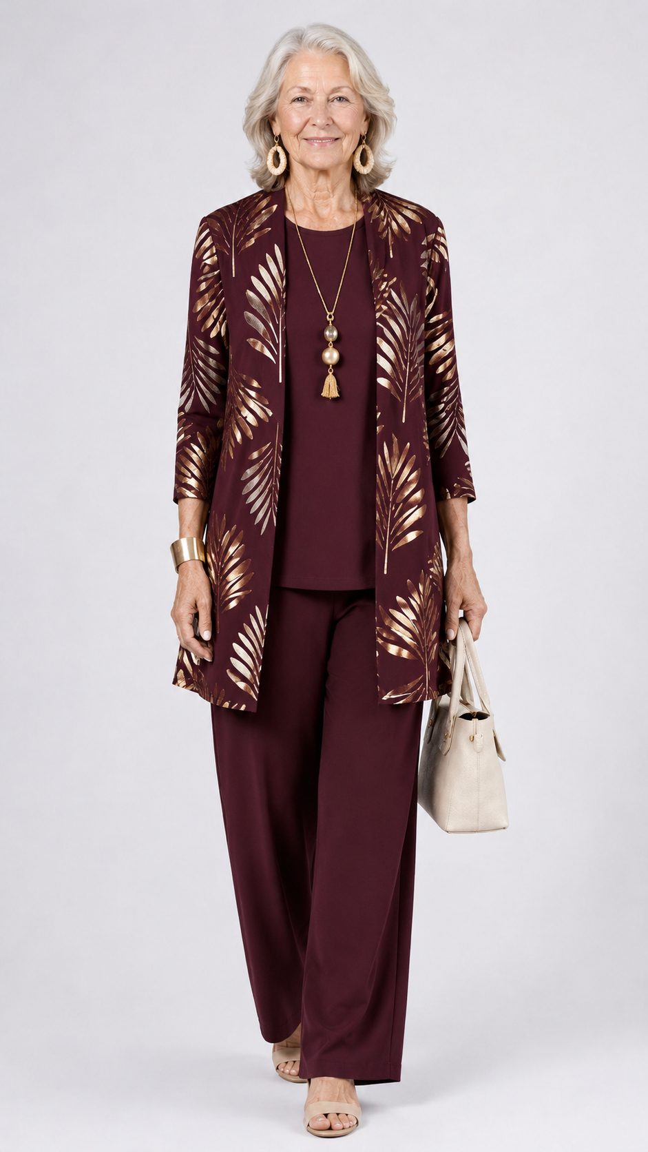 Long Cardigan with Floral Print and Wide Leg Trousers Set for Women - View 15