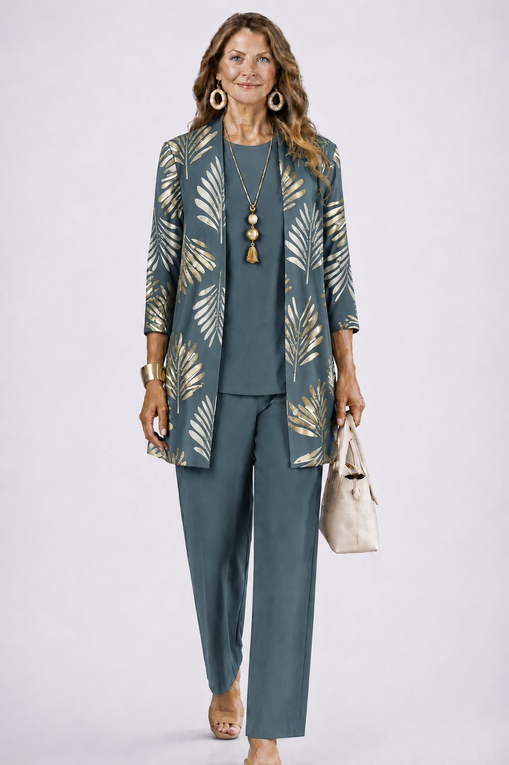 Long Cardigan with Floral Print and Wide Leg Trousers Set for Women - View 16