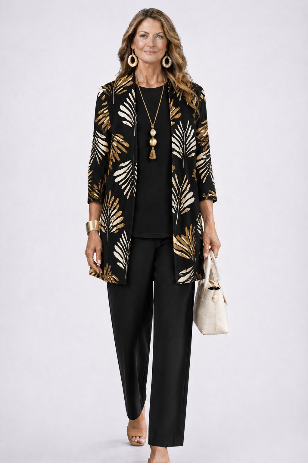 Long Cardigan with Floral Print and Wide Leg Trousers Set for Women - View 17