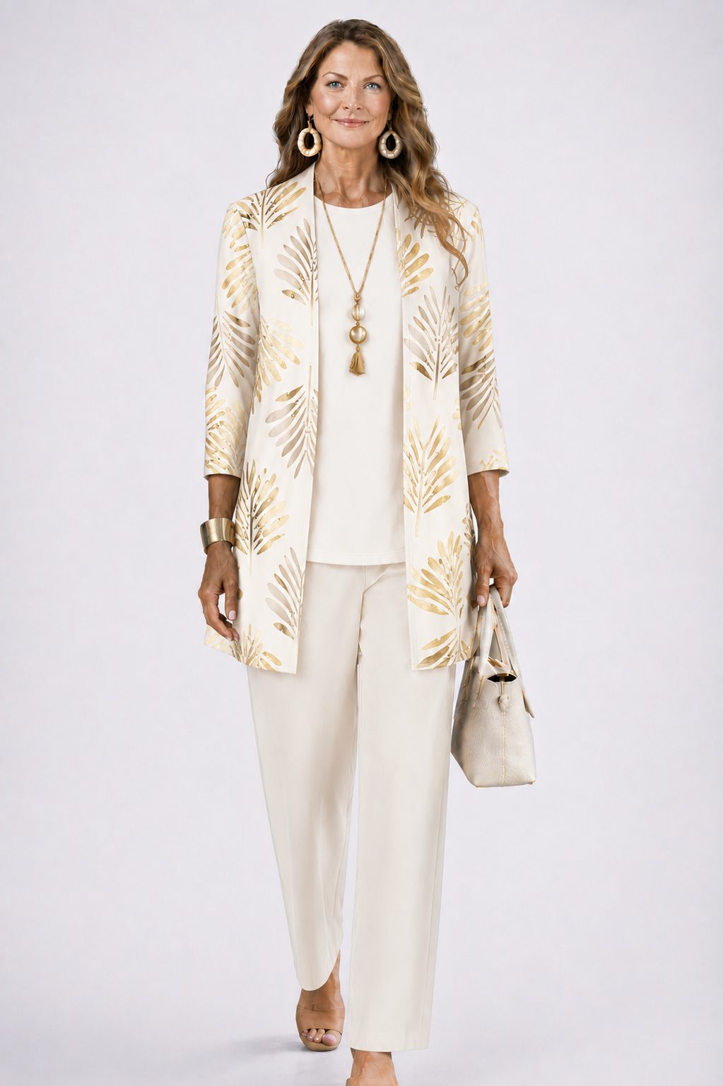 Long Cardigan with Floral Print and Wide Leg Trousers Set for Women - View 18