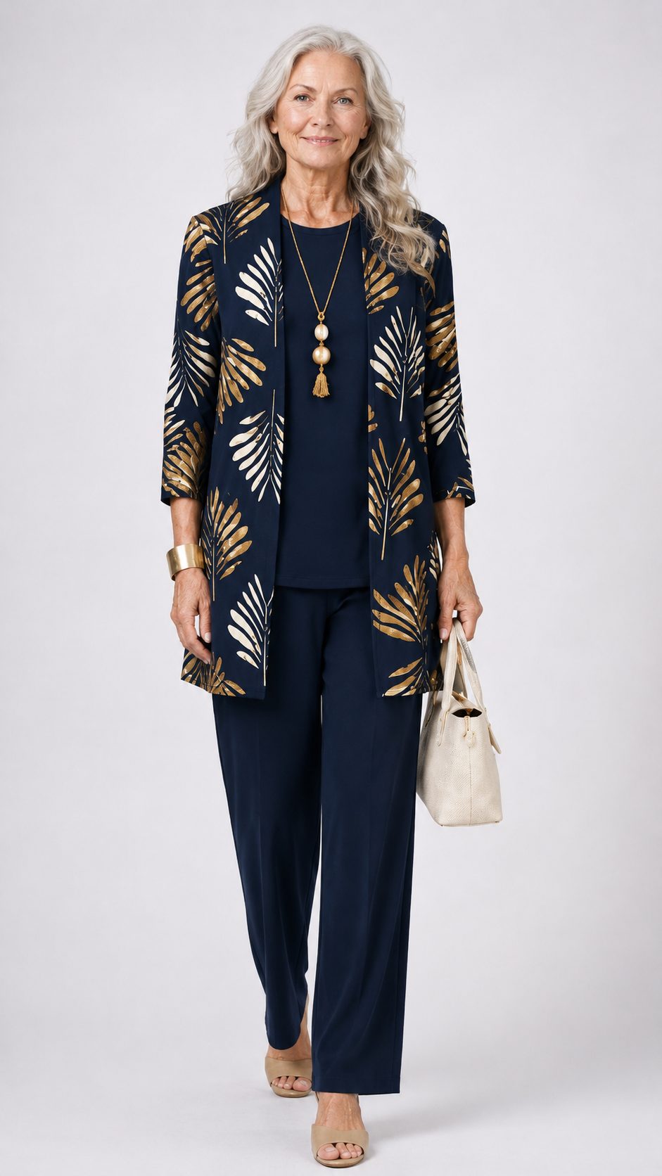 Long Cardigan with Floral Print and Wide Leg Trousers Set for Women - View 19