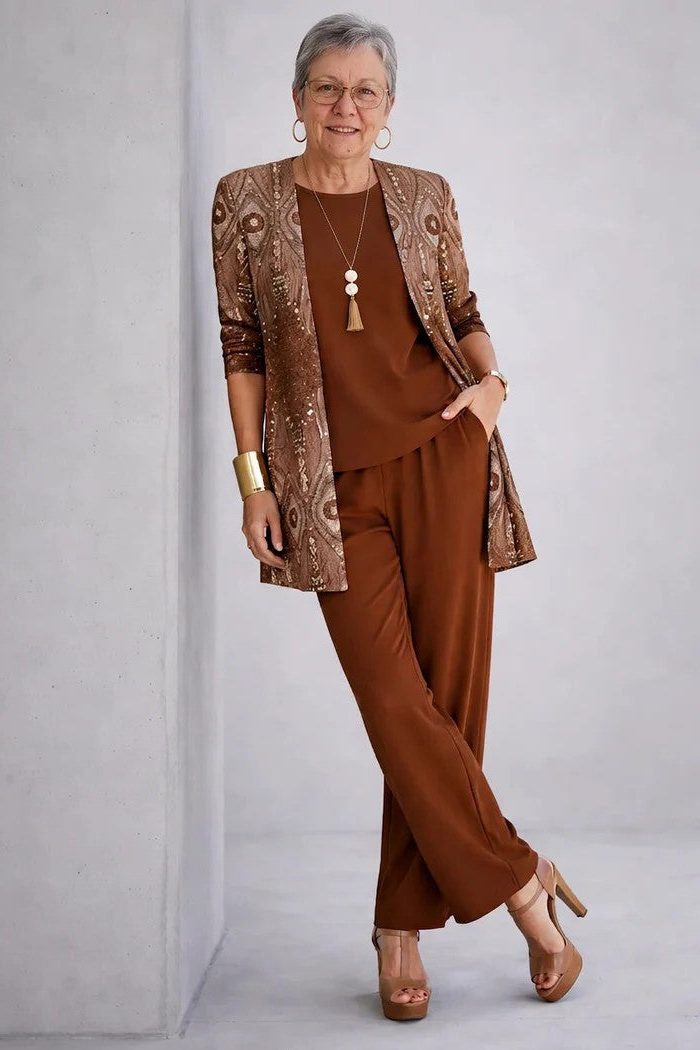 Long Cardigan with Floral Print and Wide Leg Trousers Set for Women - Rust Brown