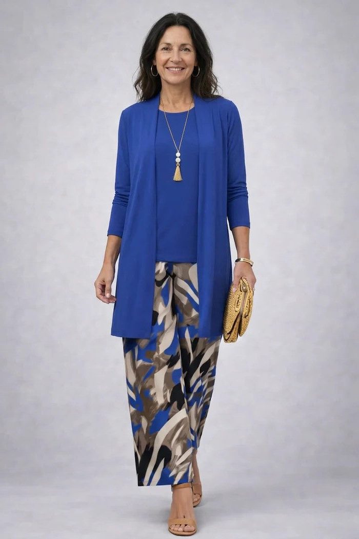 Long Cardigan with Floral Print and Wide Leg Trousers Set for Women - Blue