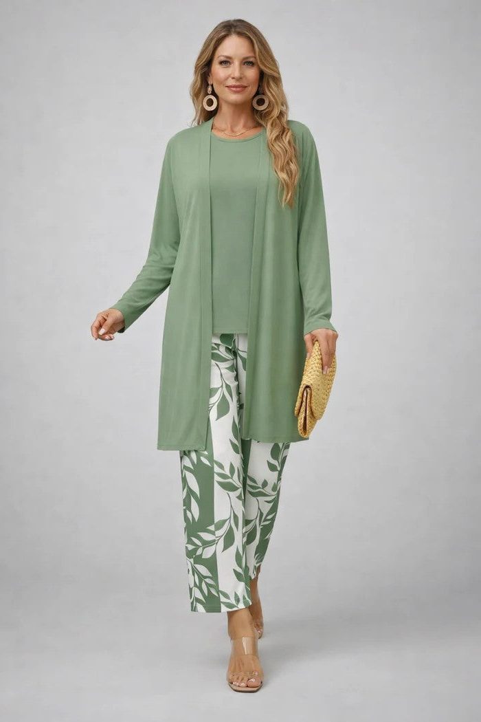 Long Cardigan with Floral Print and Wide Leg Trousers Set for Women - Green & White
