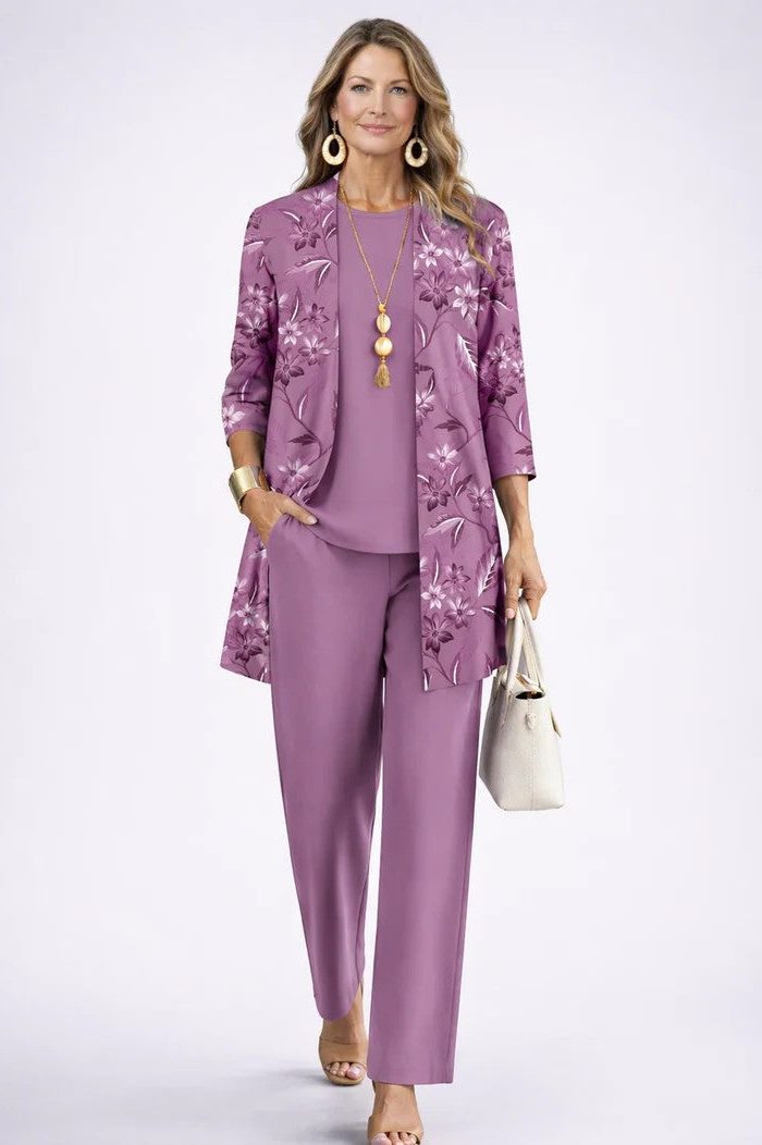 Long Cardigan with Floral Print and Wide Leg Trousers Set for Women - Purple