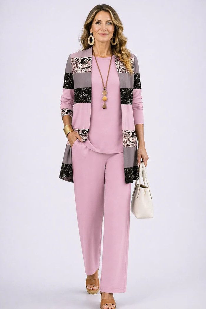 Long Cardigan with Floral Print and Wide Leg Trousers Set for Women - Pink