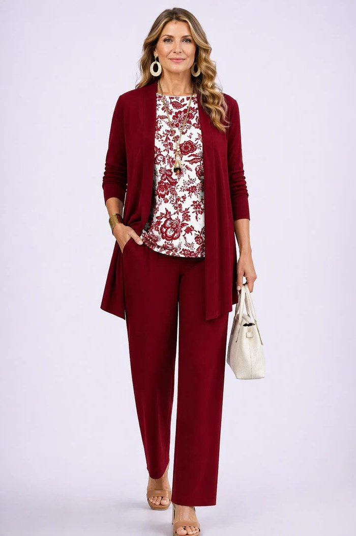 Long Cardigan with Floral Print and Wide Leg Trousers Set for Women - White & Red