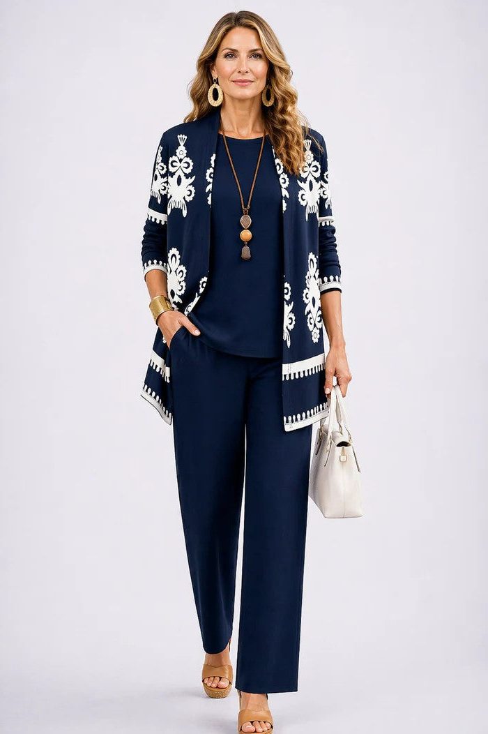 Long Cardigan with Floral Print and Wide Leg Trousers Set for Women - Navy Blue