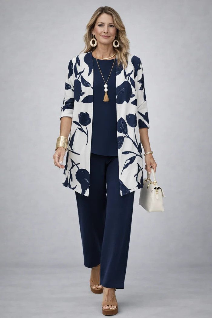 Long Cardigan with Floral Print and Wide Leg Trousers Set for Women - Blue & White