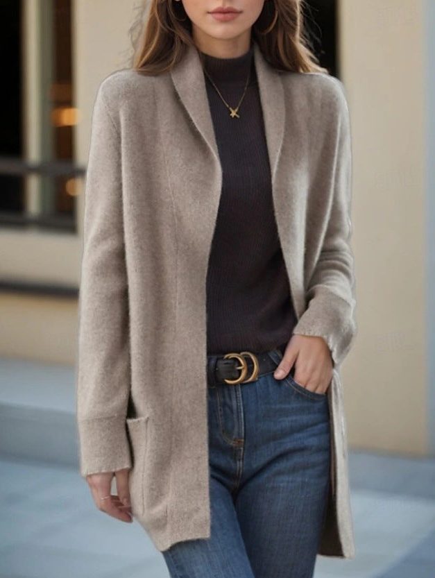 Long Knit Cardigan with Pockets for Women - Khaki