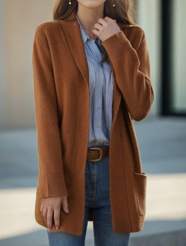Long Knit Cardigan with Pockets for Women - Dark Brown