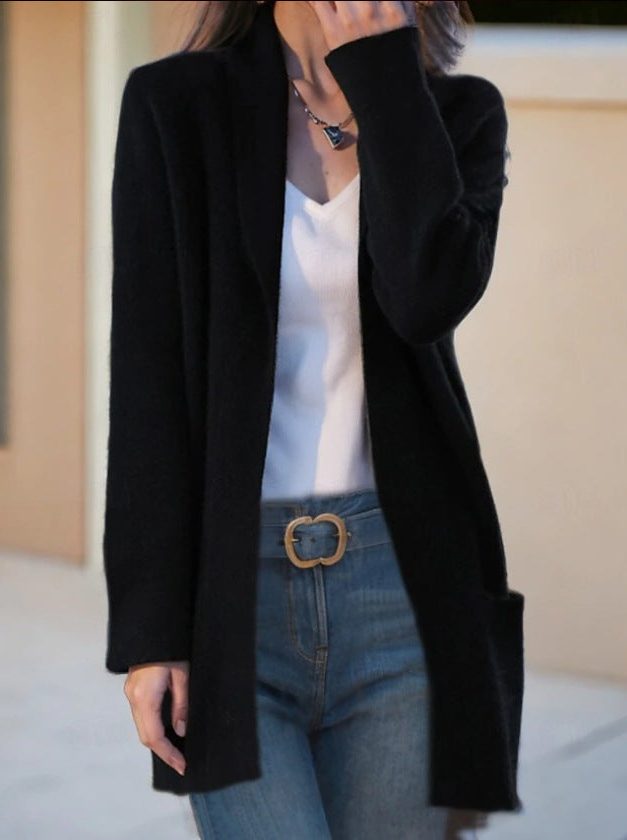 Long Knit Cardigan with Pockets for Women - Black
