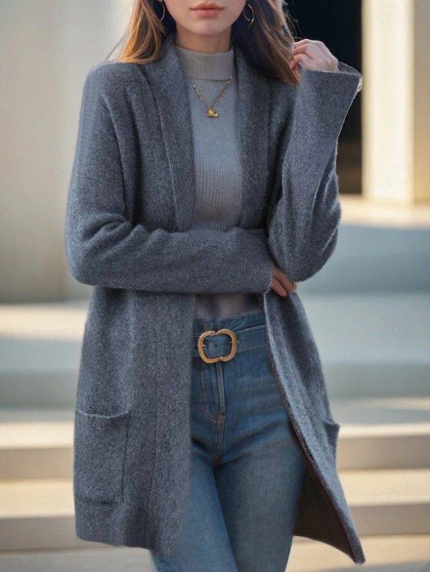 Long Knit Cardigan with Pockets for Women - Dark Gray