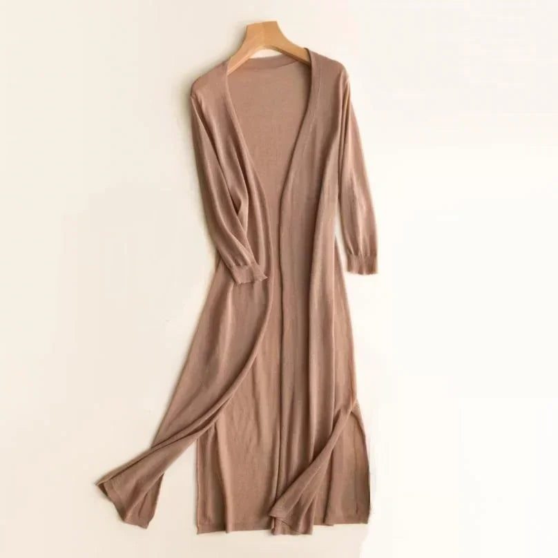 Long Open-Front Cardigan for Women - Khaki