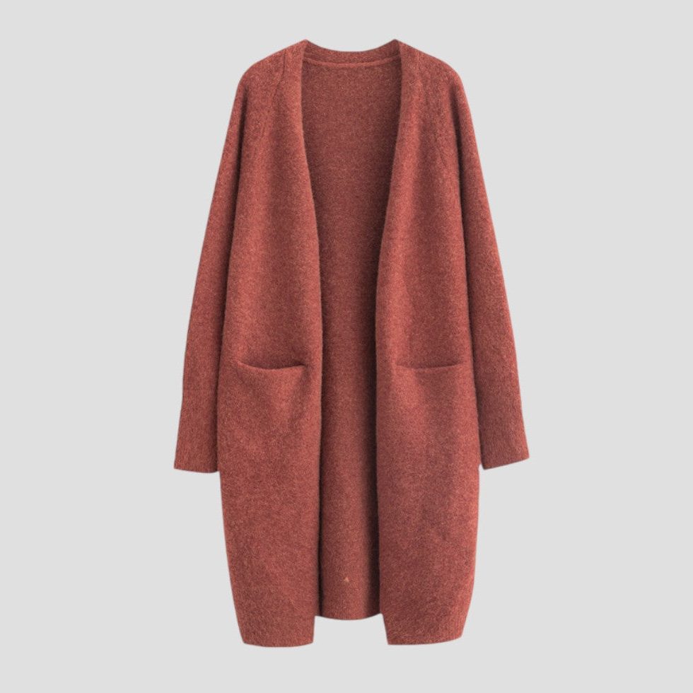 Long Open-Front Cashmere Cardigan for Women - Red-Orange