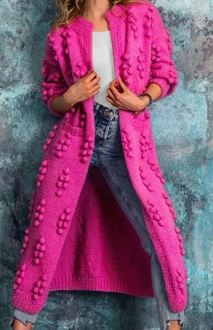 Long Pom-Pom Knit Cardigan for Women - Pink