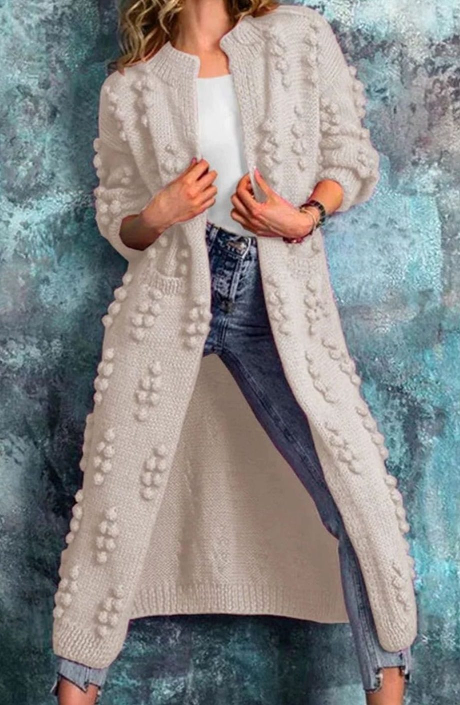 Long Pom-Pom Knit Cardigan for Women - Beige