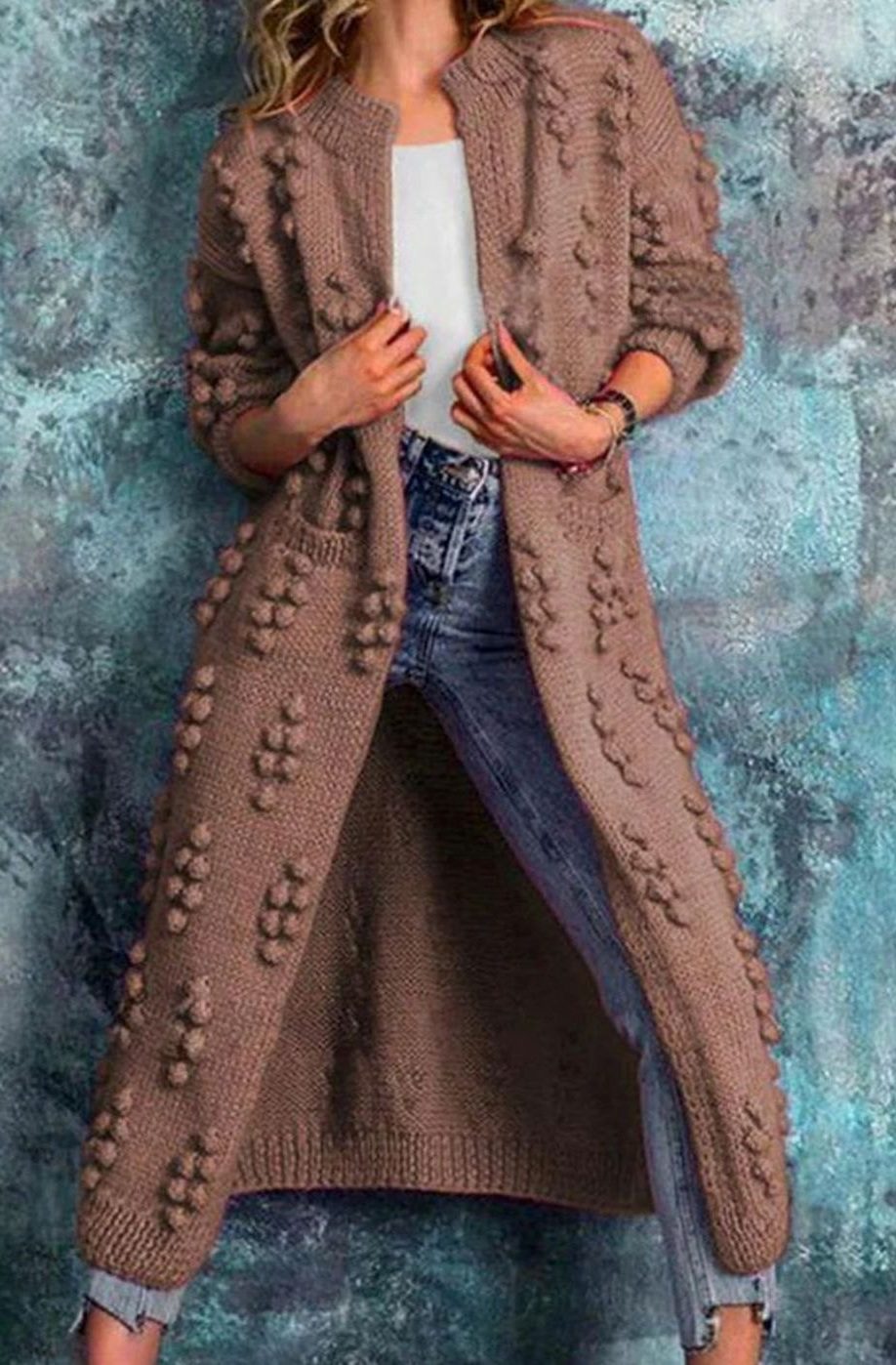 Long Pom-Pom Knit Cardigan for Women - Brown