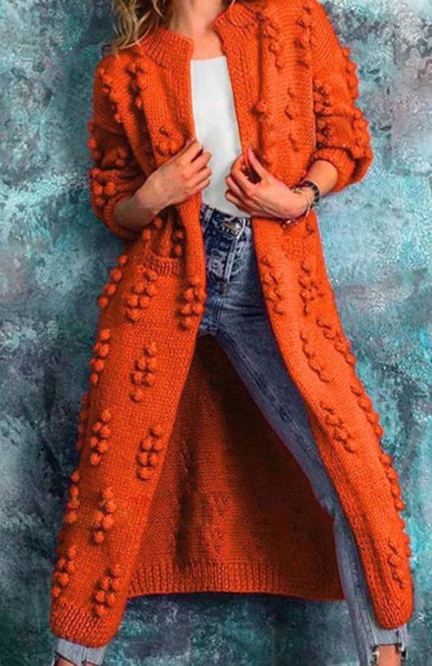 Long Pom-Pom Knit Cardigan for Women - Orange