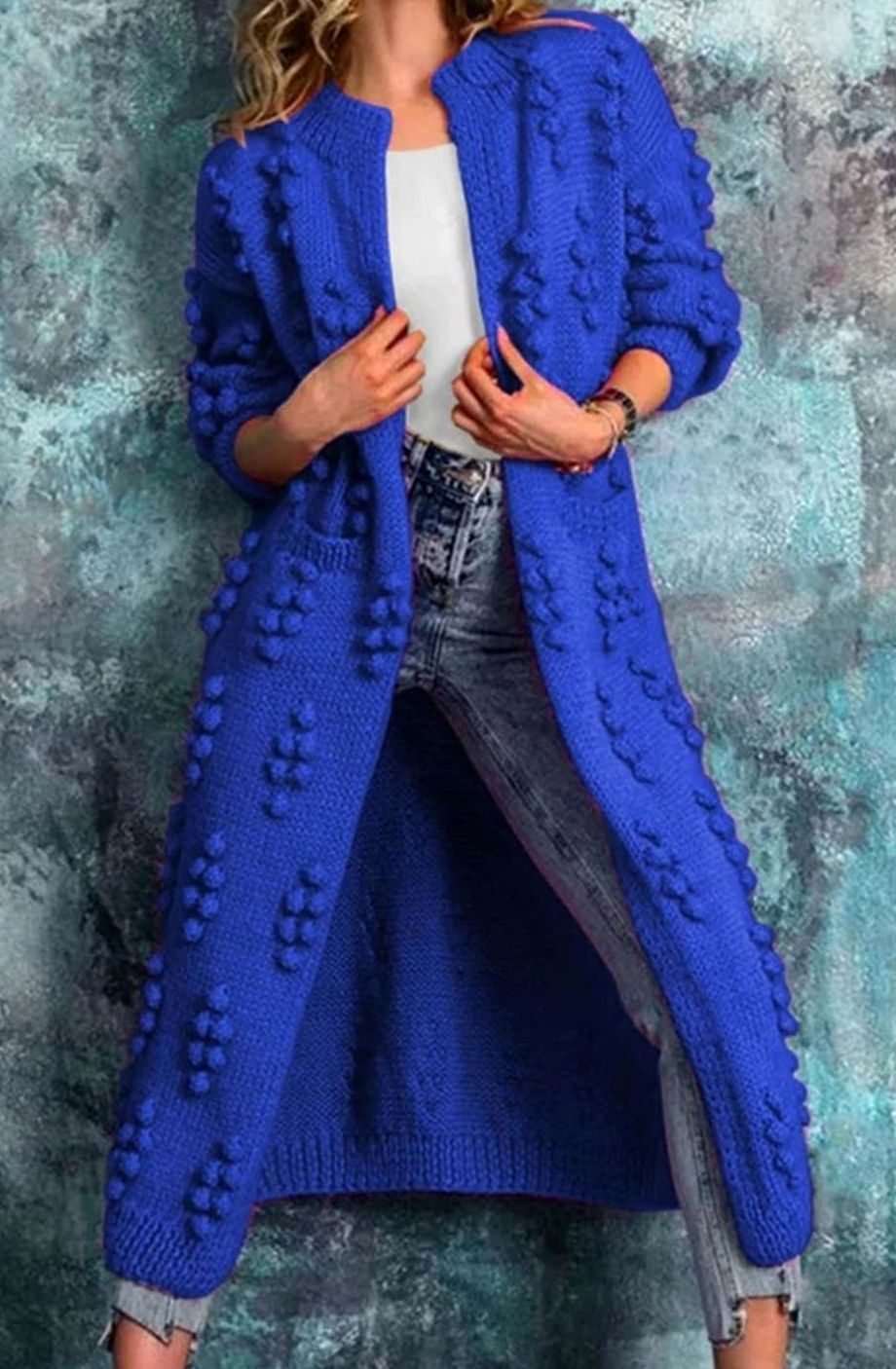 Long Pom-Pom Knit Cardigan for Women - Blue