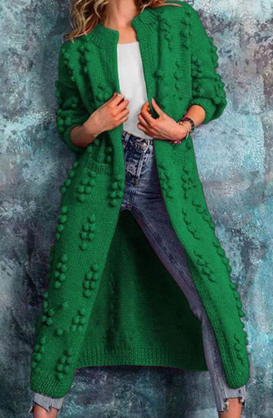 Long Pom-Pom Knit Cardigan for Women - Green