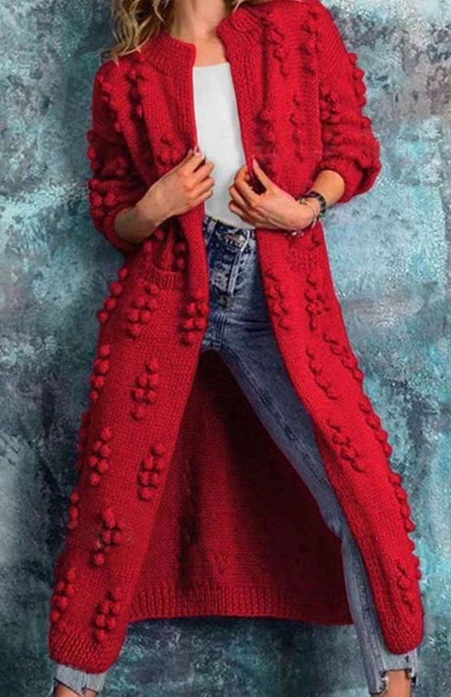 Long Pom-Pom Knit Cardigan for Women - Red