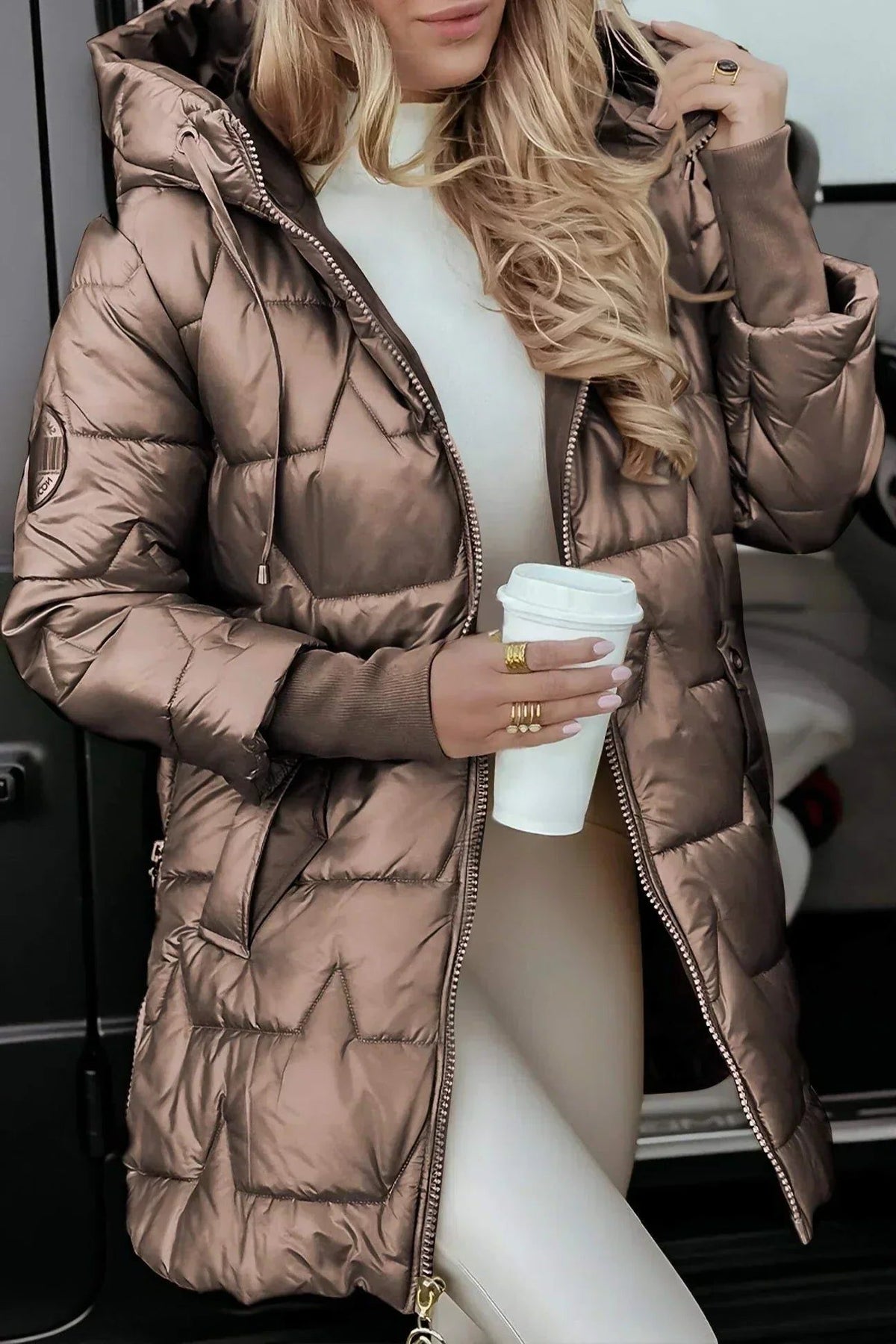 Long Puffer Jacket for Women - Brown