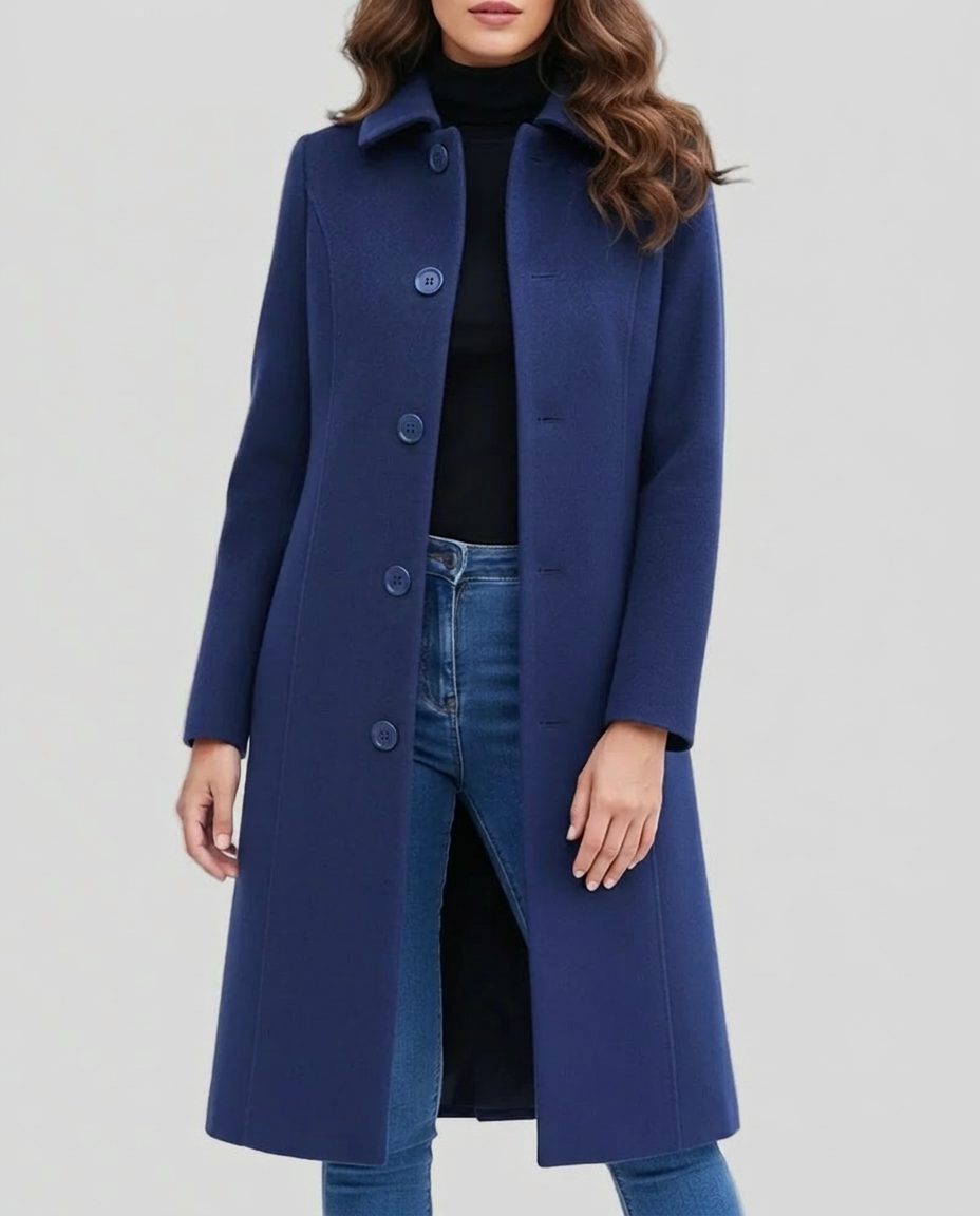 Long Single-Breasted Trench Coat with Collar for Women - Dark Blue