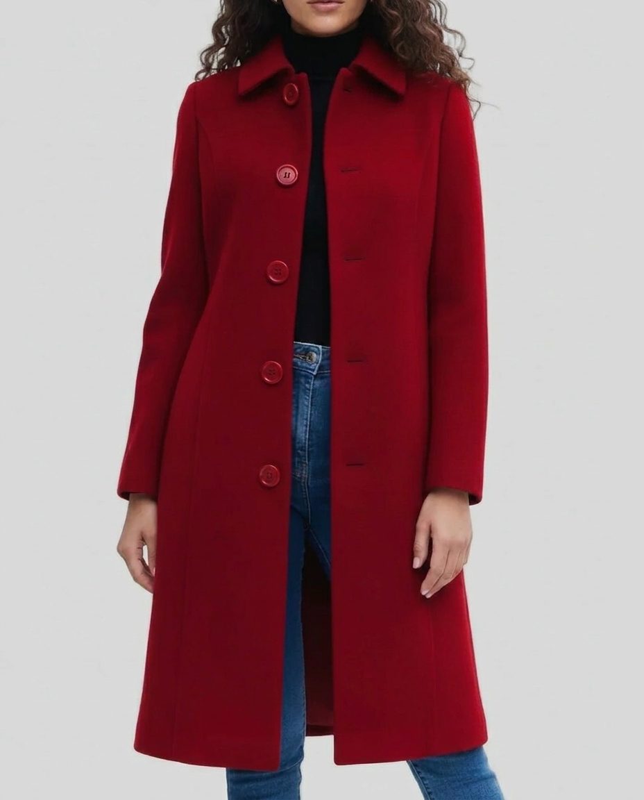 Long Single-Breasted Trench Coat with Collar for Women - Red