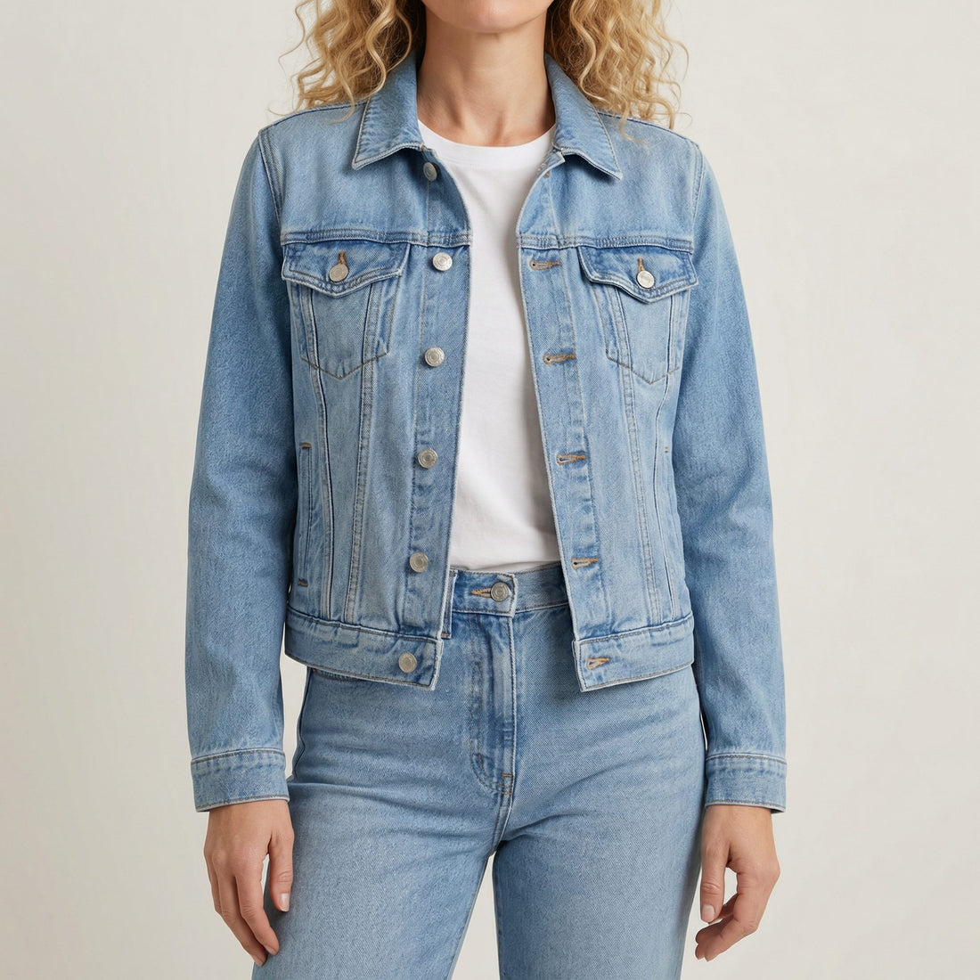 Long Sleeve Button-Down Denim Jacket with Lapel Collar for Women