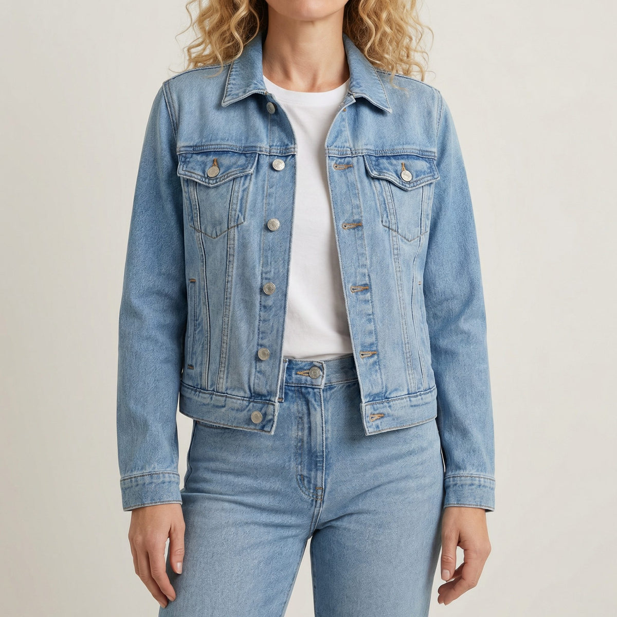 Long Sleeve Button-Down Denim Jacket with Lapel Collar for Women