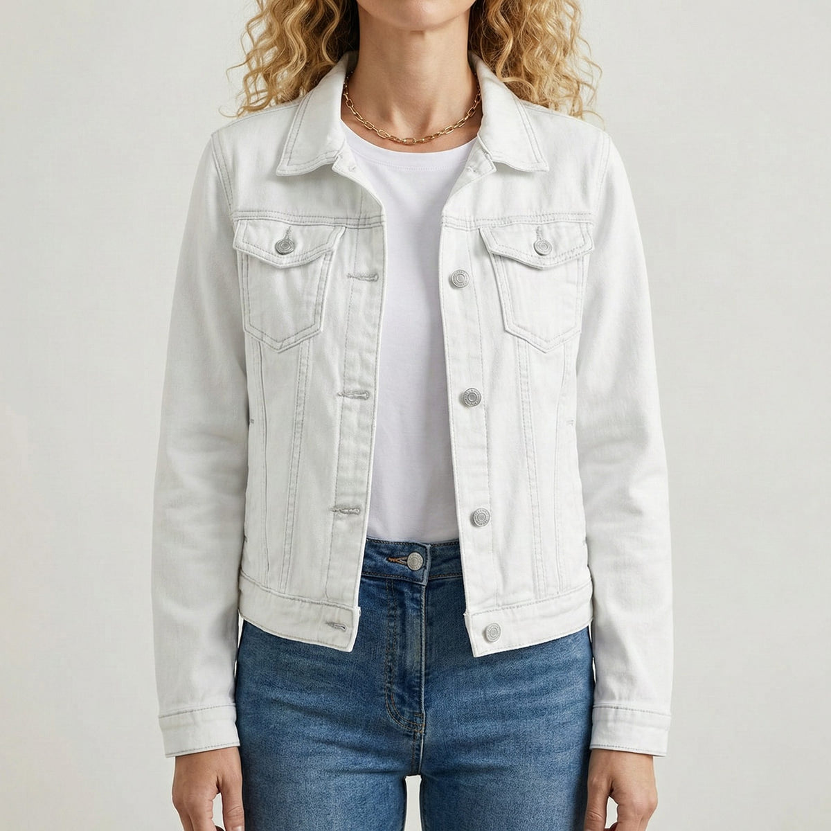 Long Sleeve Button-Down Denim Jacket with Lapel Collar for Women - White