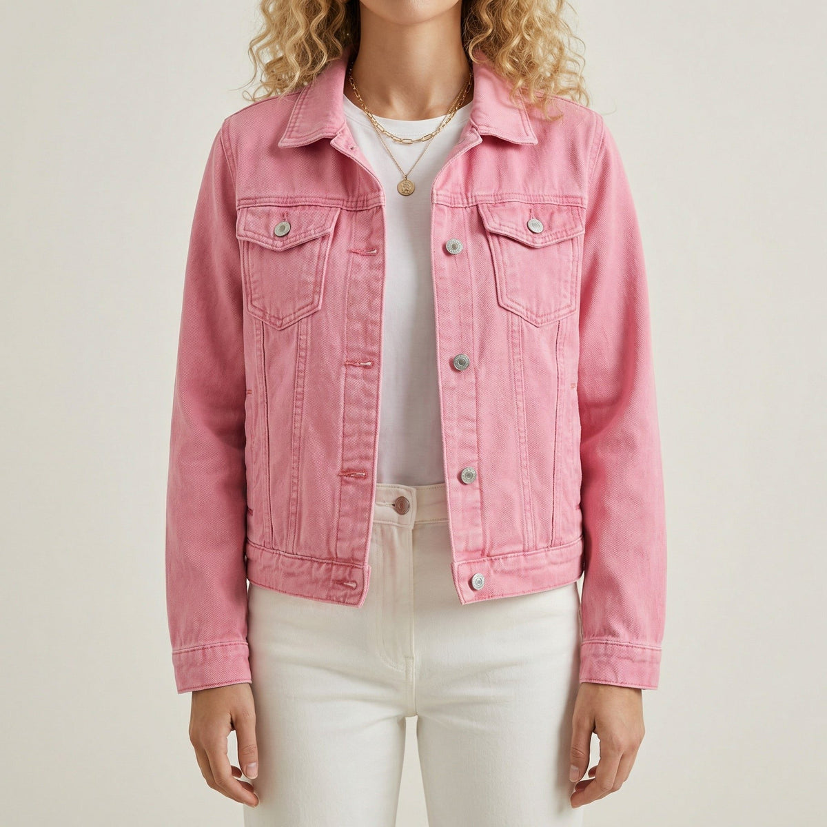 Long Sleeve Button-Down Denim Jacket with Lapel Collar for Women - Pink