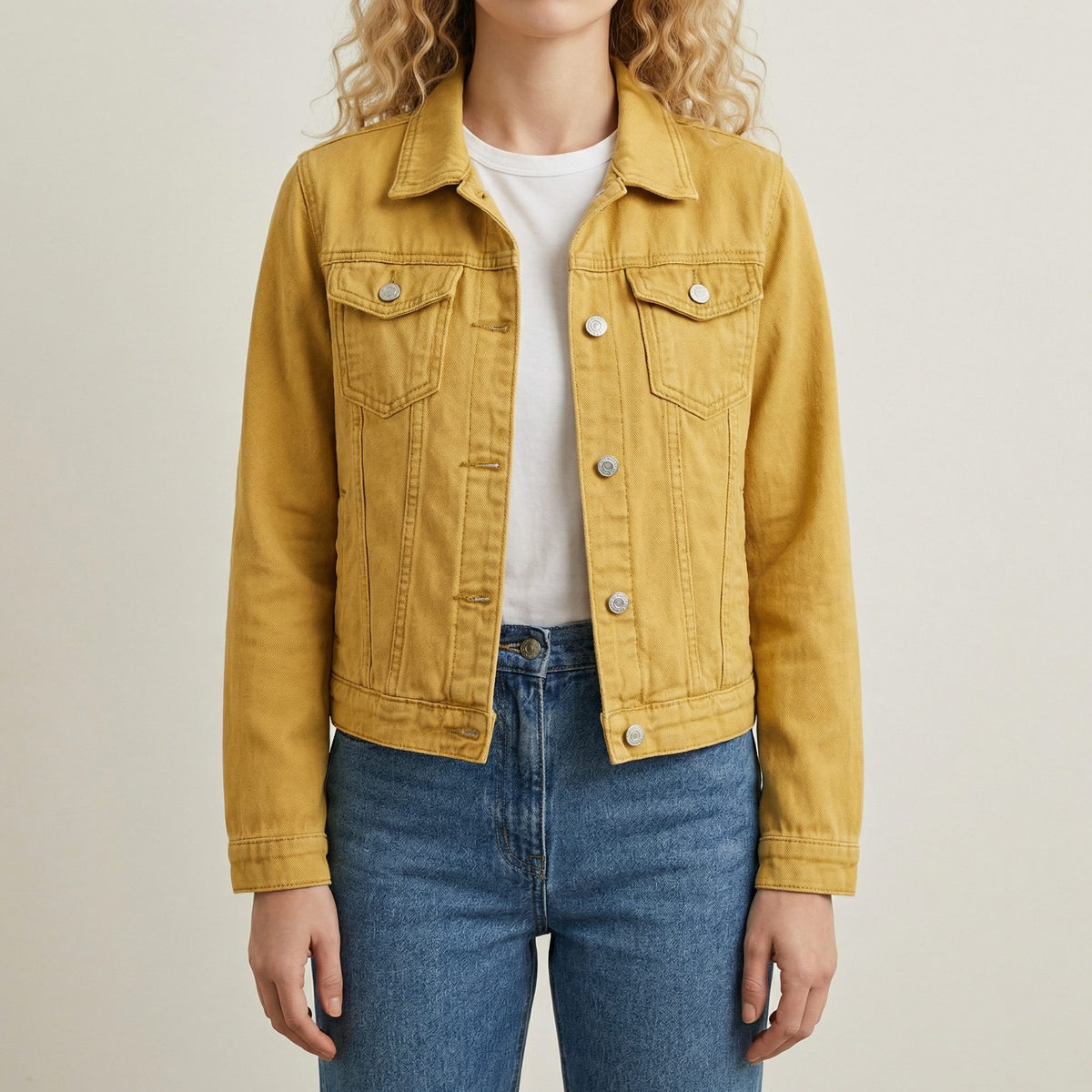 Long Sleeve Button-Down Denim Jacket with Lapel Collar for Women - Yellow