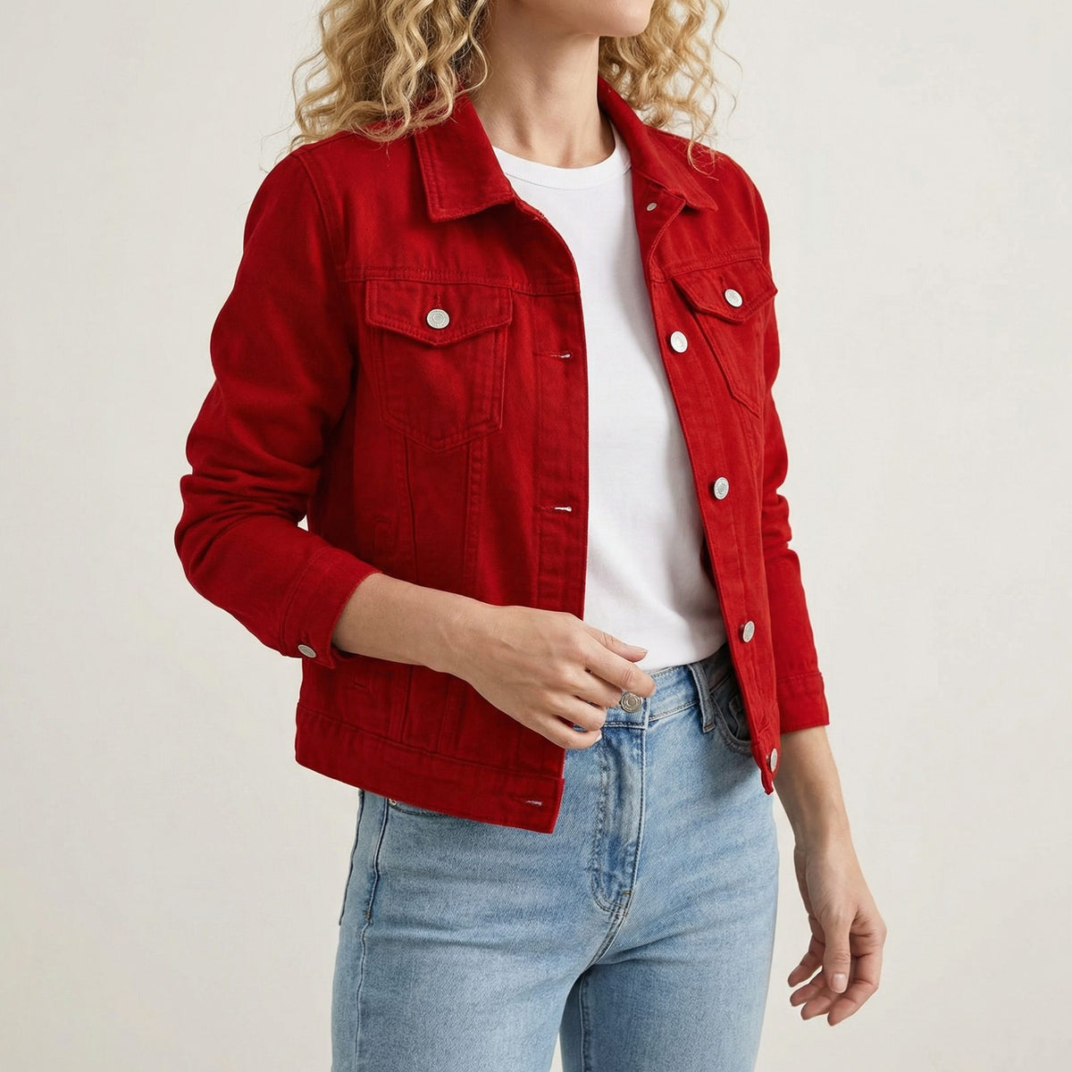Long Sleeve Button-Down Denim Jacket with Lapel Collar for Women - Red