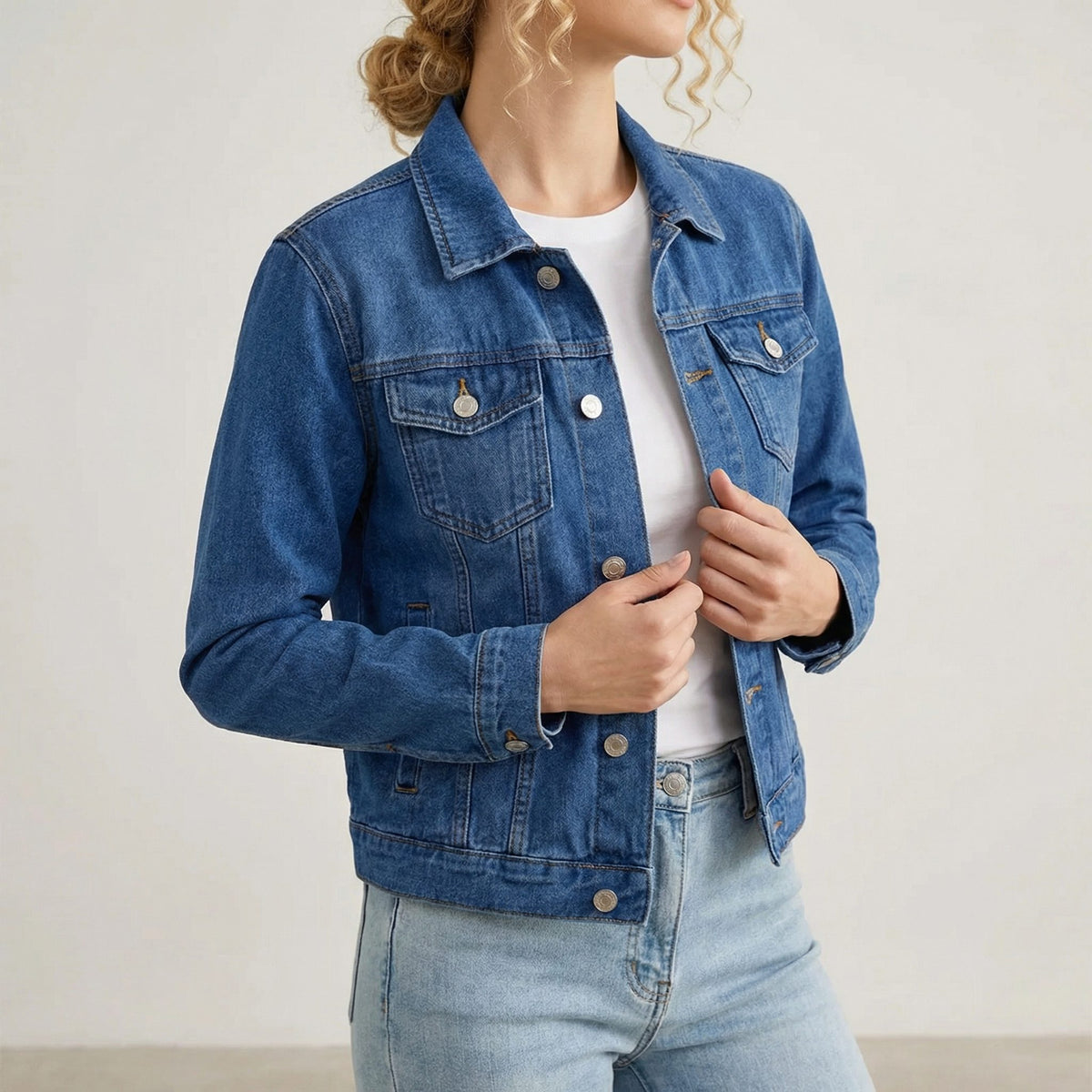 Long Sleeve Button-Down Denim Jacket with Lapel Collar for Women - Dark Blue
