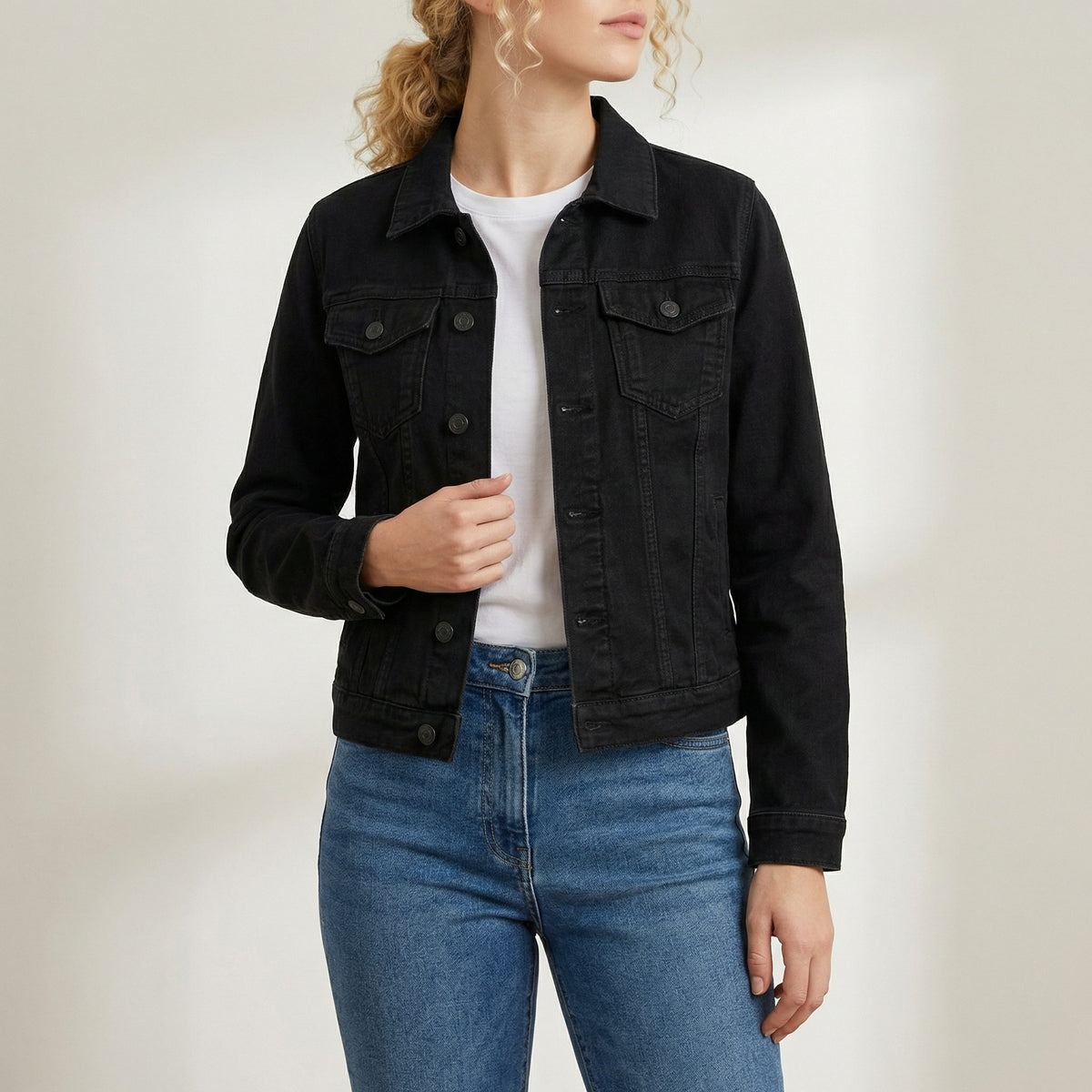 Long Sleeve Button-Down Denim Jacket with Lapel Collar for Women - Black