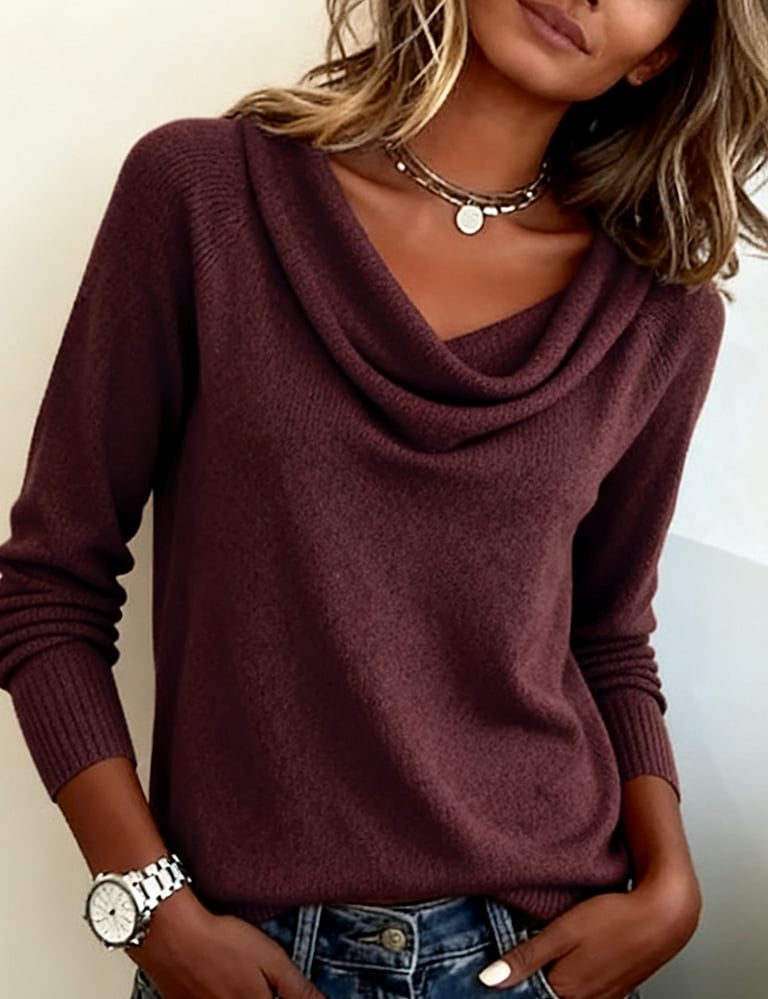 Long Sleeve Cowl Neck Knit Sweater for Women - Dark Purple