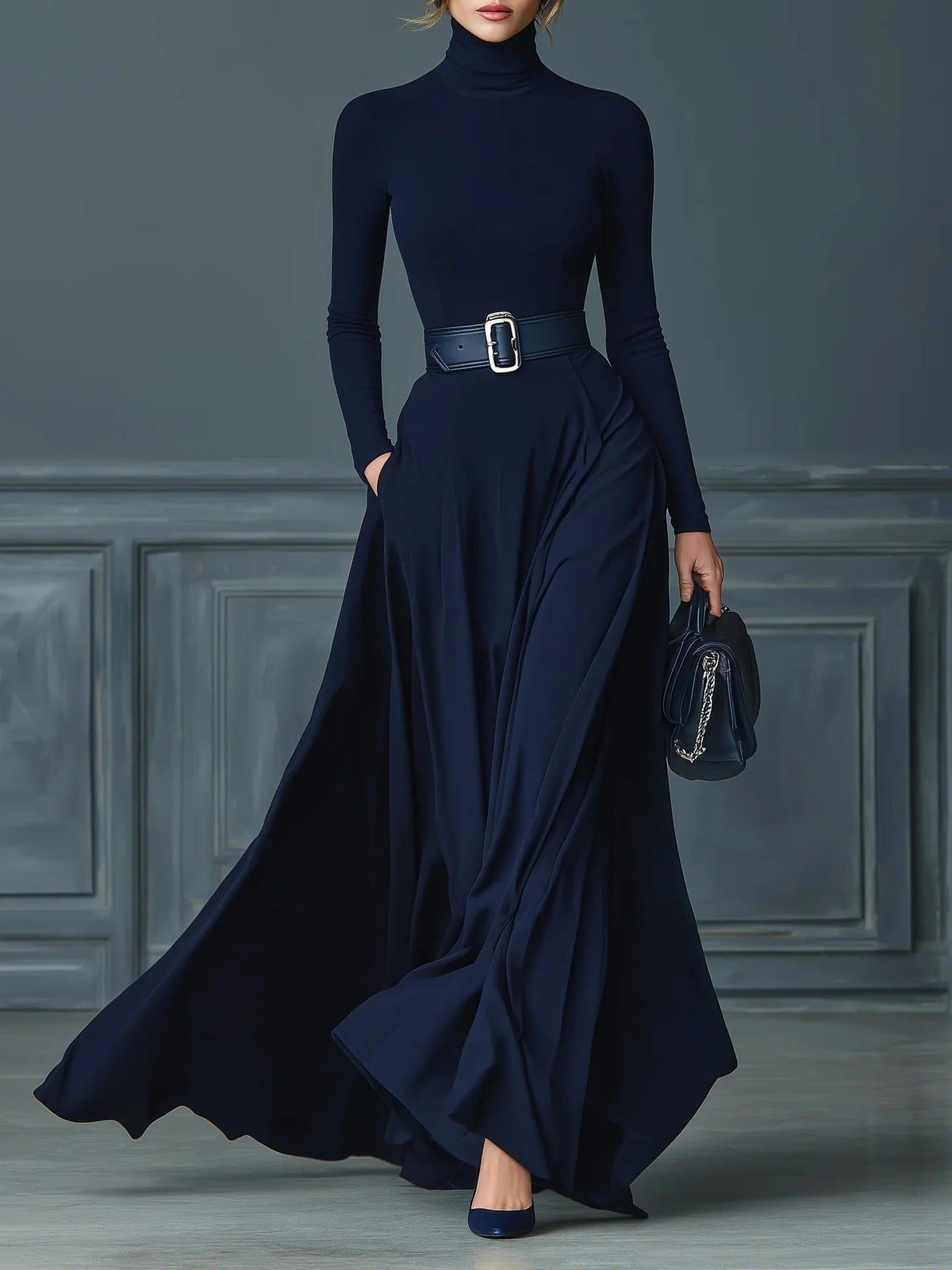 Long Sleeve High-Neck A-Line Maxi Dress for Women - View 2