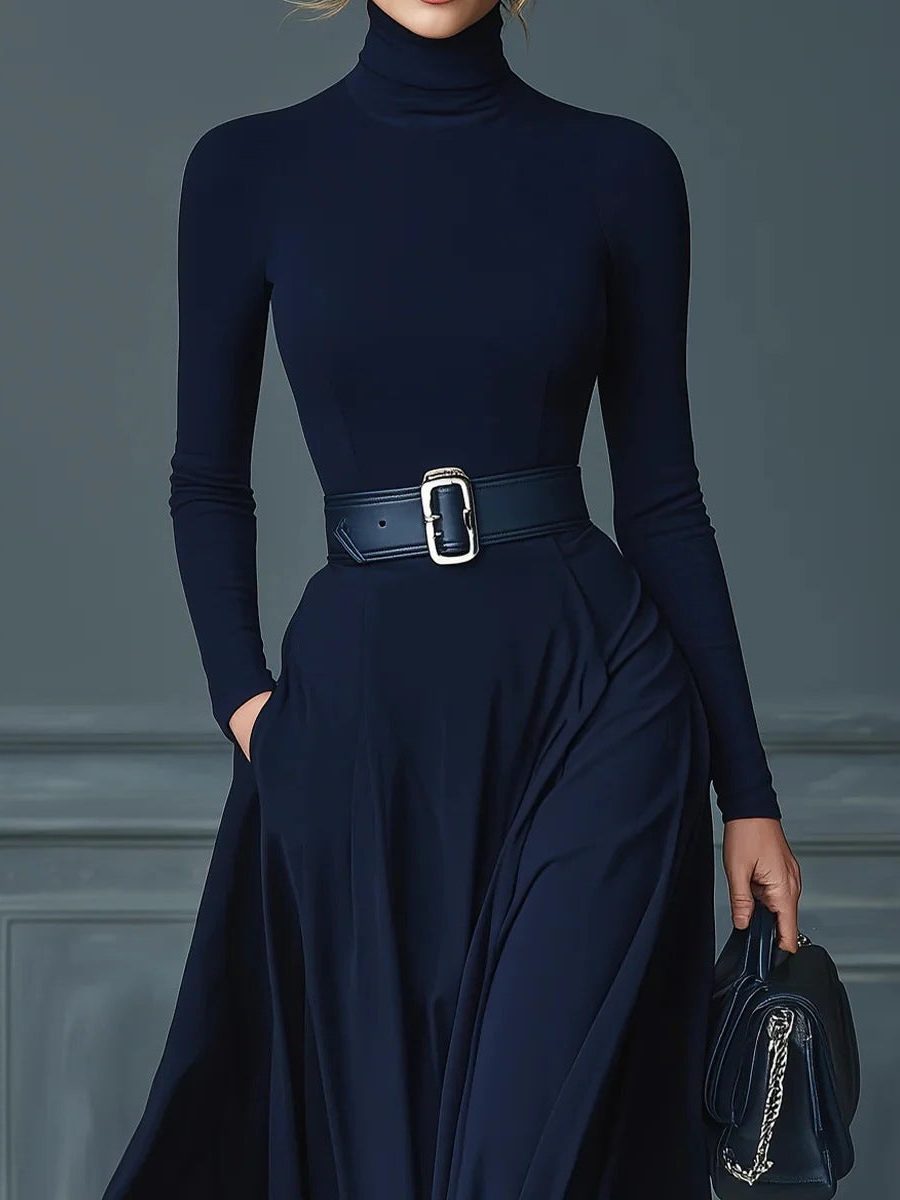 Long Sleeve High-Neck A-Line Maxi Dress for Women - View 3