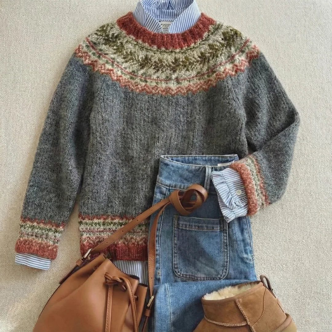 Long Sleeve Nordic Fair Isle Crew Neck Knit Sweater for Women - Stone Gray Mix
