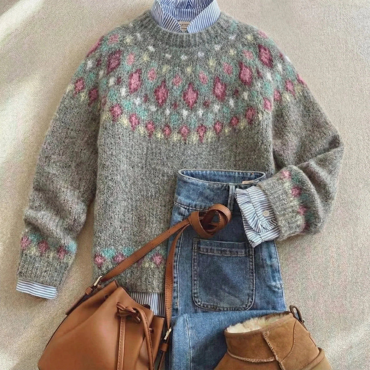 Long Sleeve Nordic Fair Isle Crew Neck Knit Sweater for Women