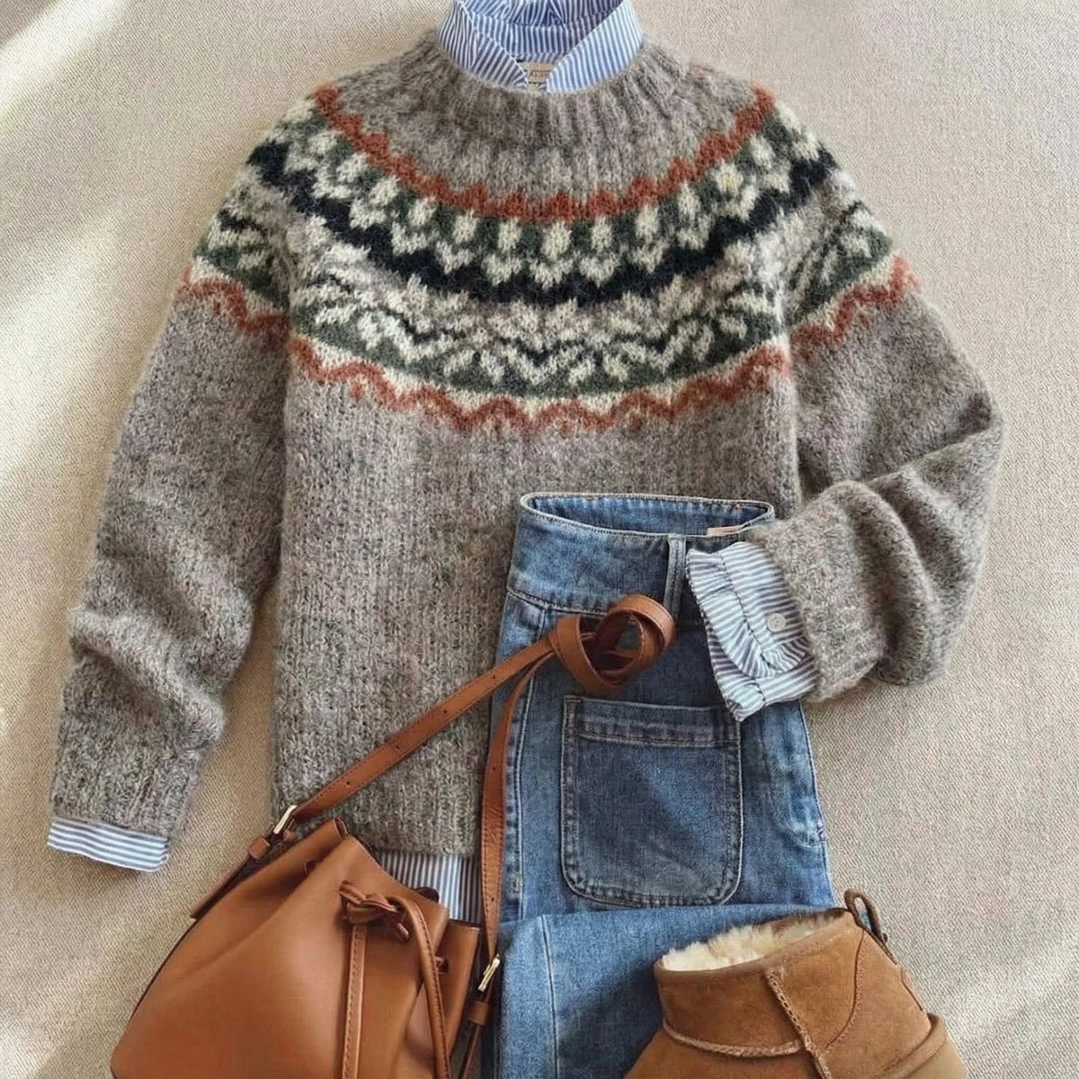 Long Sleeve Nordic Fair Isle Crew Neck Knit Sweater for Women - Light Ash Mix