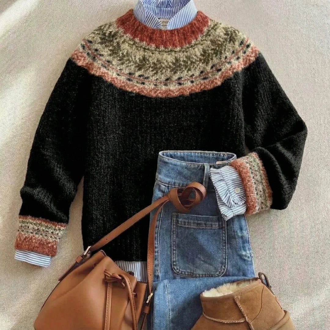 Long Sleeve Nordic Fair Isle Crew Neck Knit Sweater for Women