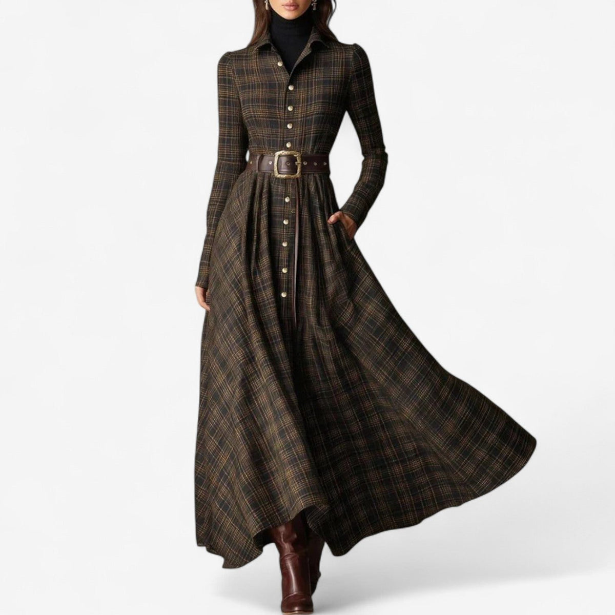Long Sleeve Plaid A-Line Maxi Dress for Women