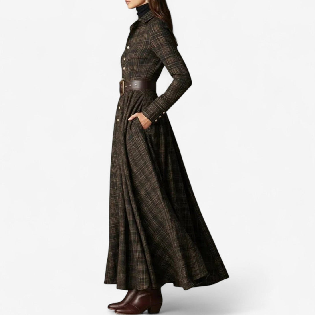 Long Sleeve Plaid A-Line Maxi Dress for Women