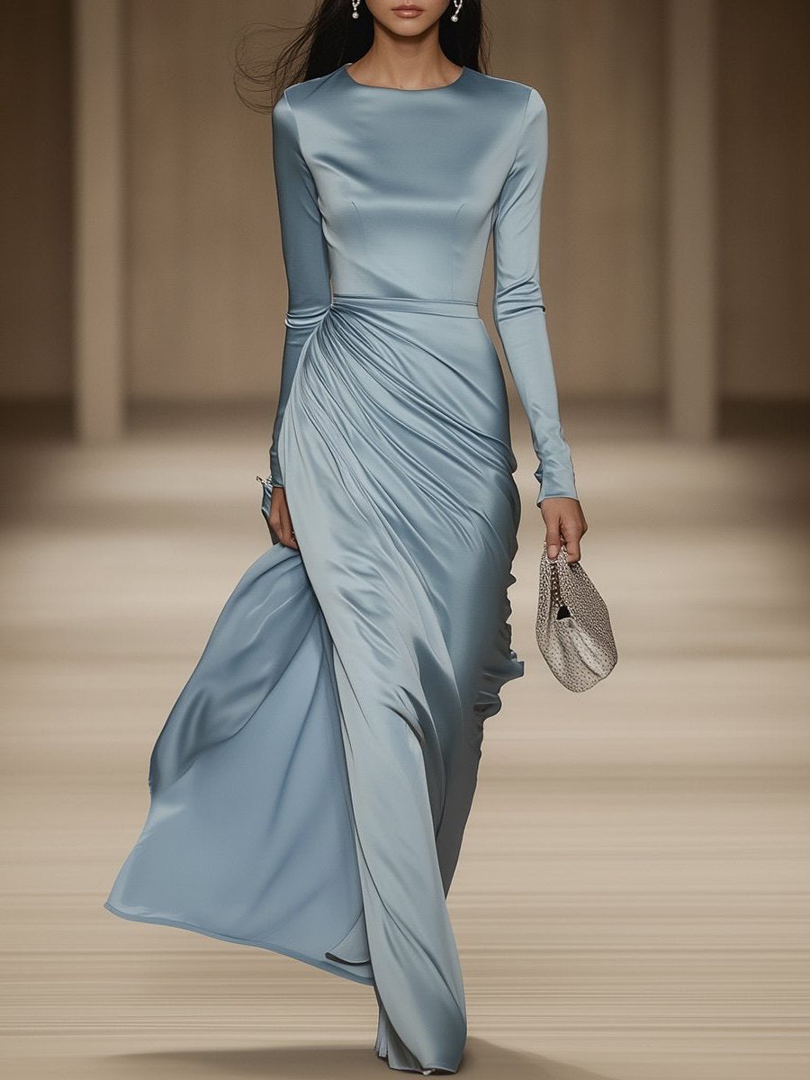 Long Sleeve Ruched Fall Wedding Guest Maxi Dress for Women