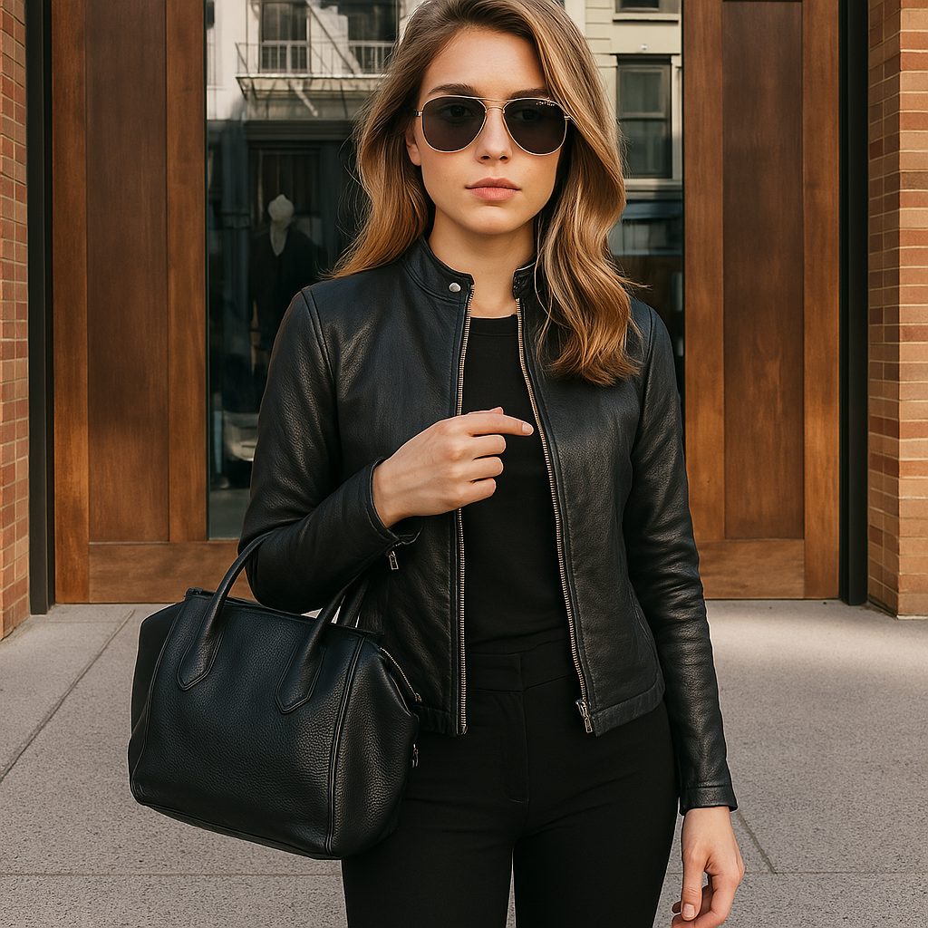 Long Sleeve Slim Fit Leather Jacket with Mandarin Collar for Women - Black