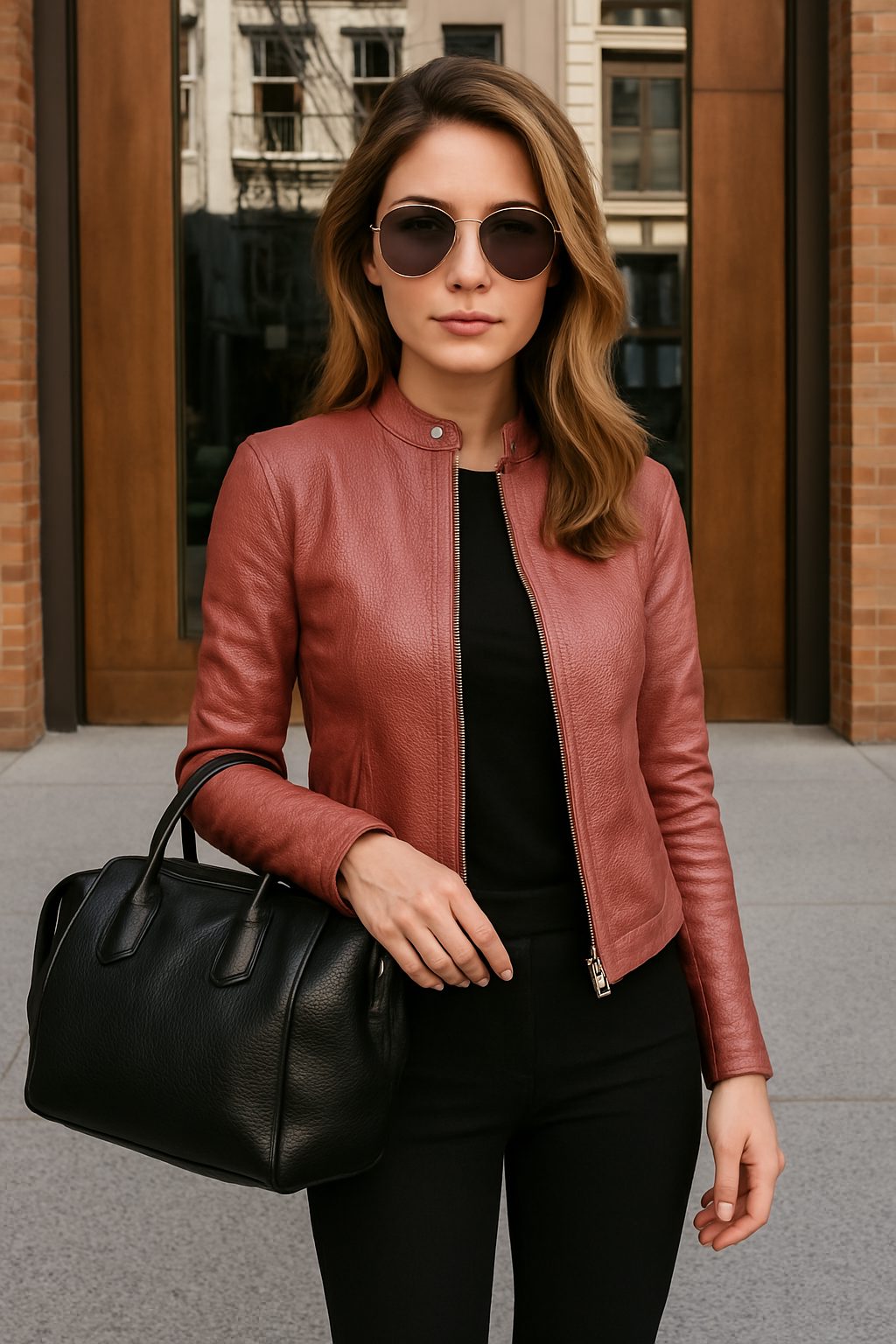 Long Sleeve Slim Fit Leather Jacket with Mandarin Collar for Women - Pink